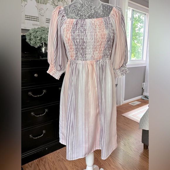 Ophelia Roe Smocked Puff Sleeve Pink & Purple Striped Mini Dress – Size Small - Picture 3 of 8